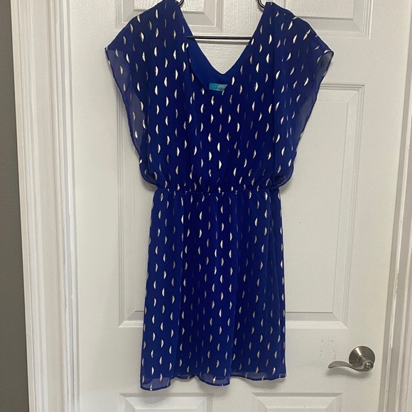 Buttons Royal Blue Leaf Pattern Mini Dress - Picture 2 of 5